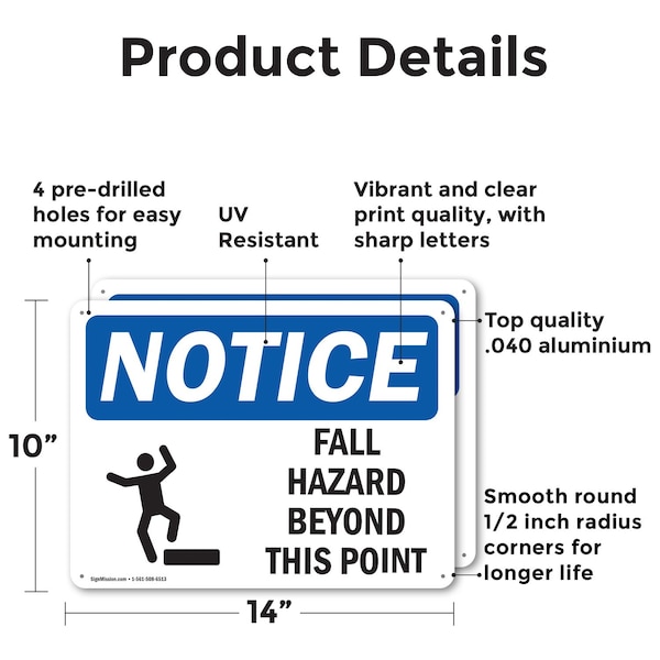 Fall Hazards Beyond This Point OSHA Notice Sign, Aluminum, 14in W X 10in L, 2PK